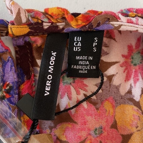 Vero Moda Multicolor Floral Peplum Smocked Top Ruffle Tie Sleeve Keyhole Back - Picture 9 of 15